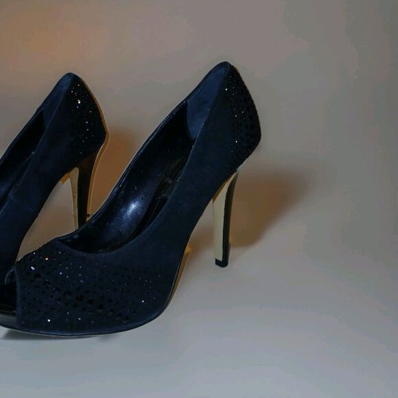WHBM Black Sequined Stiletto Heels Pumps 4.5" Sz 6M Sexy Chic Peep-Toe Evening - Picture 4 of 13